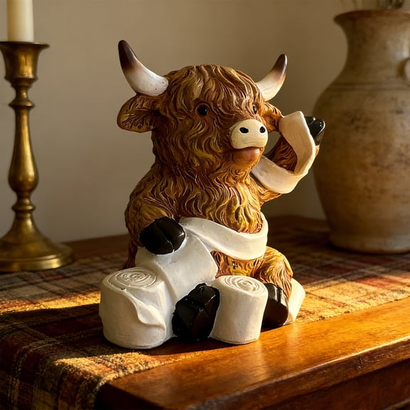 DAMAI Miniature Highland Cow Bathroom Decor, Cow Figurine with Tissue, Antique Cow Figurine for Farmhouse Kitchen Home Decor, Highland Cow Gifts for Women