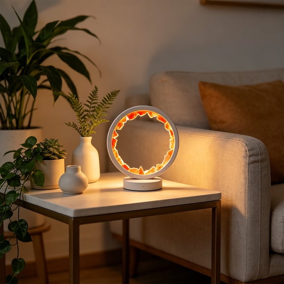 DAMAI Natural Crystal Stone Lamp USB Light Home Decor, Natural Crystal Cluster Round Night Light with Ambient Glow, USB Bedside Lamp for Bedroom Living Room Desktop Decoration