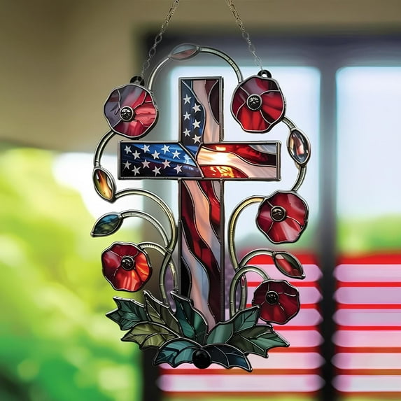 DAMAI Patriotic Stained Glass Window Hanging,15" Sun Catcher Glass Panel Boho Wall Art Decor,Patriotic Hanging Ornament Red White and Blue Decor Fourth July Memorial Day Sign Wall Hanging(C)