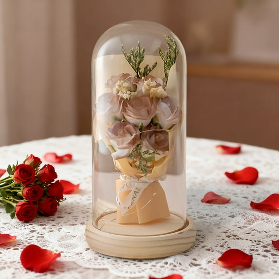 DAMAI Preserved Rose Bouquet, Forever Flower Bouquet in Glass Dome, Valentines Preserved Flowers Artificial Pink Roses Bouquet for Him Her Wedding Eternal Rose Presents