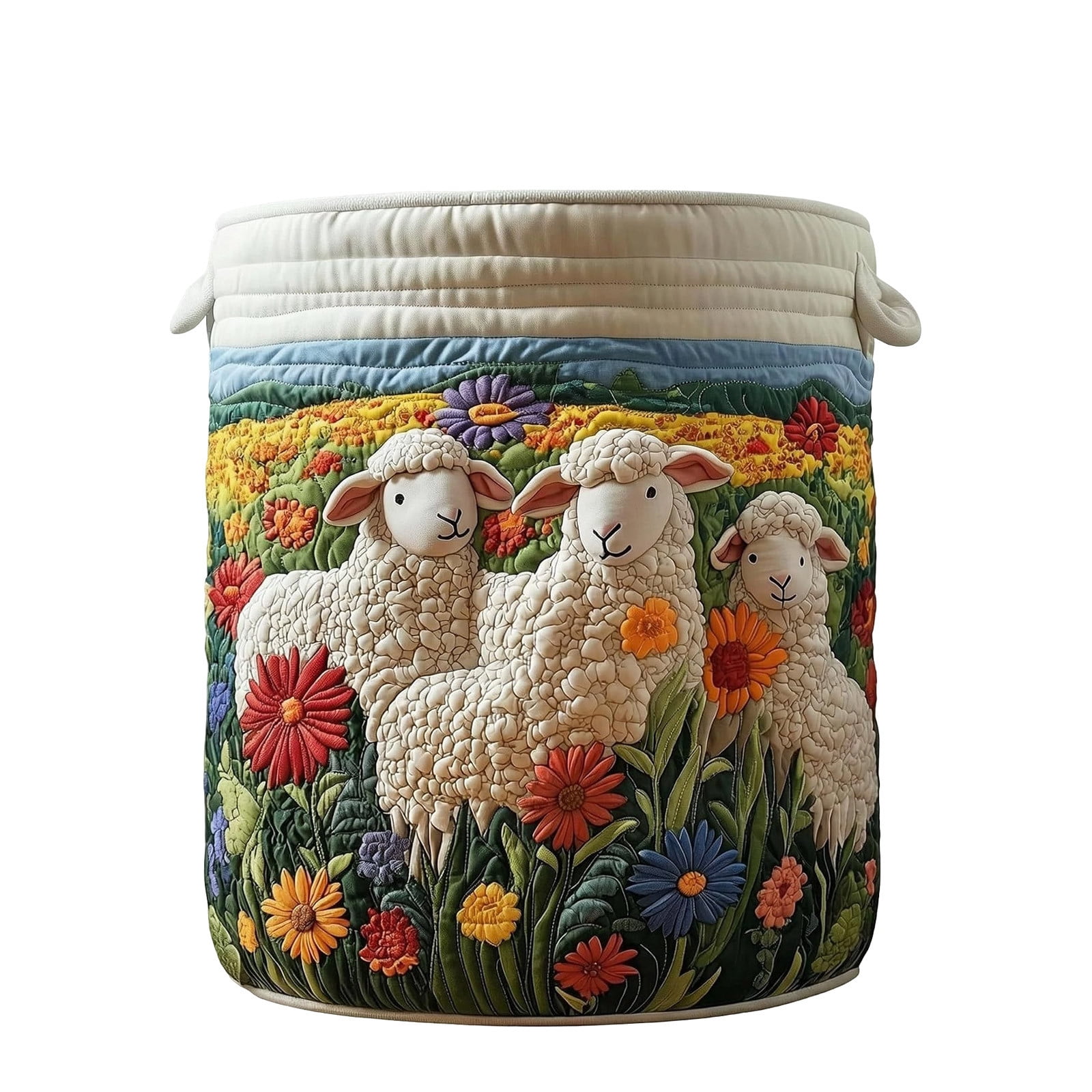DAMAI Quilted Laundry Basket Boho Fabric Floral Storage Hamper for Blankets Toys Book and Clothes Laundry Hampers Bin for Bathroom Kitchen Hotel