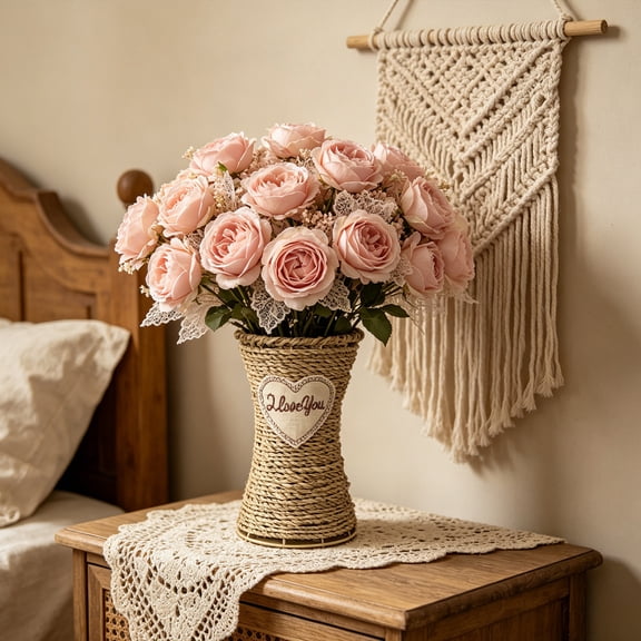 DAMAI Rattan Vase Handmade Woven Flower Vase, Large Straw Woven Planter Basket with Nordic Decorative Patterns, Home Decor for Dry Flowers Succulents Living Room Picnic Storage