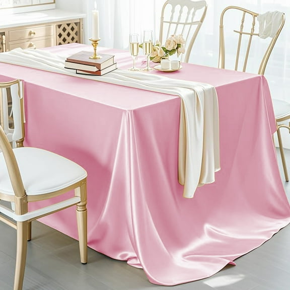 DAMAI Rectangle Pink Satin Tablecloth,102 x 58 Inch Overlay Satin Table Cover Rectangle Bright Silk Tablecloth Smooth Fabric Table Decoration,Bright Smooth Silk Table Cover for Wedding Party Events