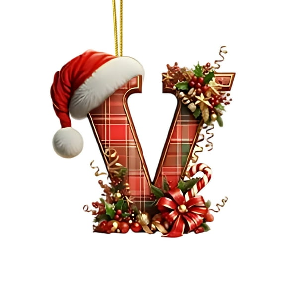DAMAI Red Buffalo pattern Initials Christmas Ornaments for Tree, 2D Acrylic Personalized Decorative Monogram Pendants with Santa Hat, 26 Letters Hanging Decorations for DIY Crafts Xmas Home Decor