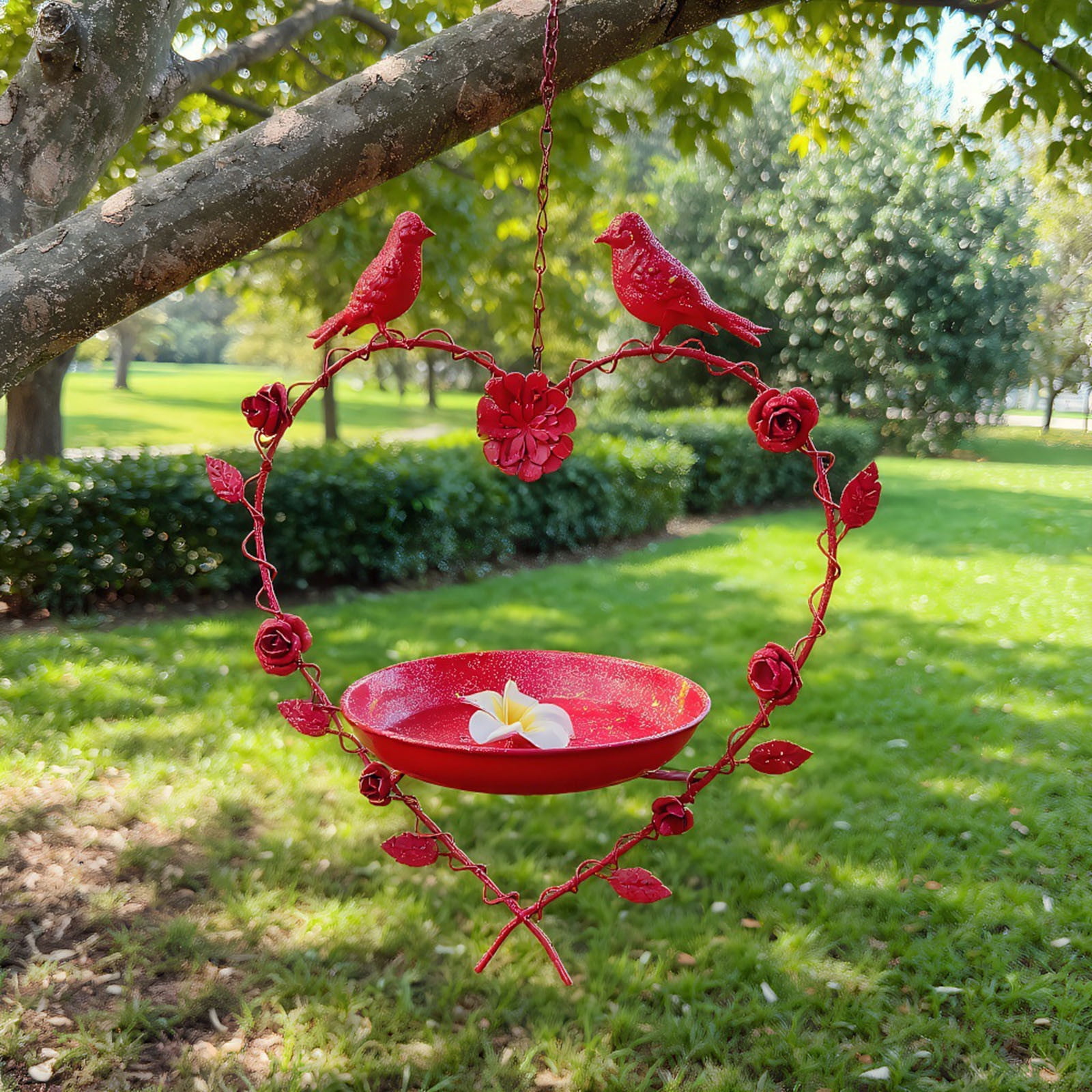DAMAI Red Iron Heart-Shaped Hanging Bird Feeder Tray, Functional Mesh