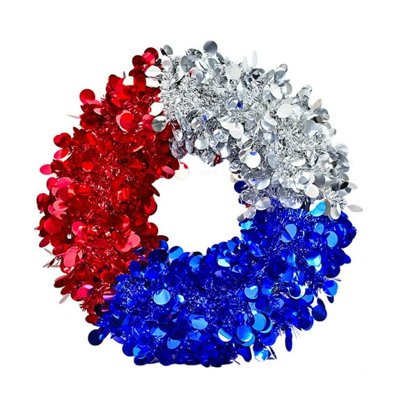 DAMAI Red White Blue Sequin Star Wreath, Fluffy Patriotic Hero Decoration for Front Door,Sequin Tinsel Independence Day Memorial Day Wreath for Front Door Wall Home Farmhouse Indoor Outdoor Decor