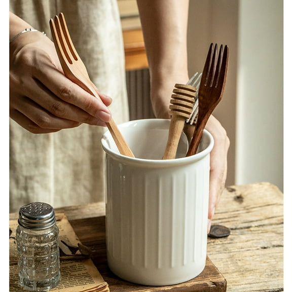 DAMAI Relief Ceramic Storage Jar With Unique Kitchen Organizer, Ceramic Kitchen Utensil Holder, White Embossed Pattern, Farmhouse Style Counter Organizer Kitchen Utensil Holder