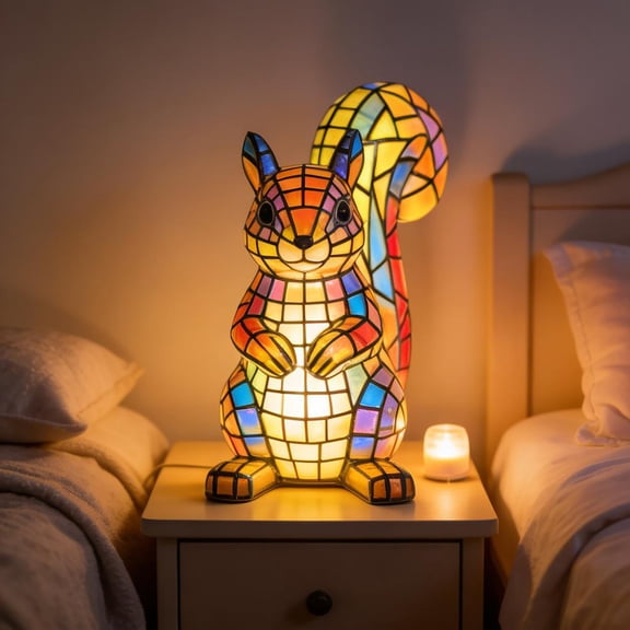 DAMAI Retro Squirrel Stained Resin Animal Table Lamp,Animal Table Lamp Series Bedside Lamp Small Night Light Decorative, Squirrel Glow Lamps for Home Bedroom Desk
