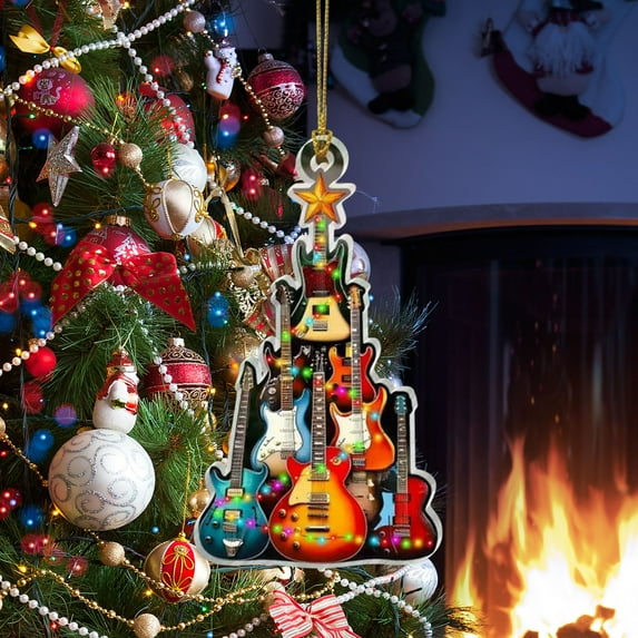 DAMAI Rockin' Around The Guitar Christmas Tree Ornament, 2D Premium Acrylic Rock Christmas Tree Ornament, Musical Instrument Ornament Gift for Music Lovers Christmas Decorations