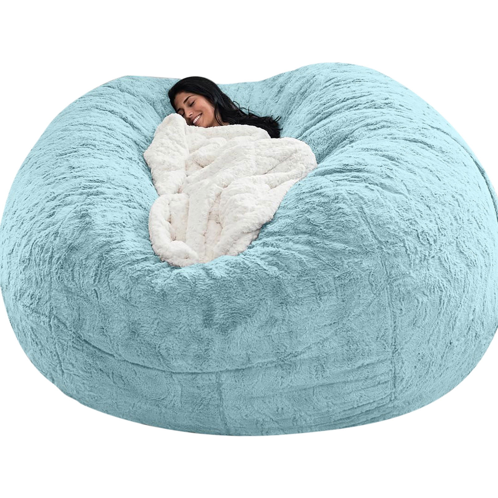 DAMAI Round Giant Bean Bag Chair Cover for Adults, Big Round Soft Fluffy Faux Fur Bean Bag Lazy Sofa Bed Cover, (No Filler) Living Room Furniture Round Fluffy Faux Fur Beanbag Lazy Sofa Bed Cover