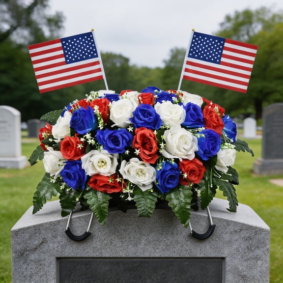 DAMAI Saddle Flowers Cemetery Headstone, Red White Blue Memorial Day Artificial Roses with American Flags & Patriotic Design, Grave Decor for Tombstone 250th Anniversary 4th of July Outdoor Use