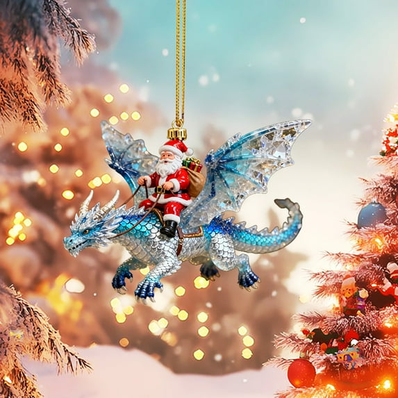 DAMAI Santa's Dragon Riders Ornament Collection, 2D Acrylic Dragons Hanging Ornaments, Santa Riding Dragon Christmas Tree Ornaments Decorative Hanging, Holiday Décor Collectible Display