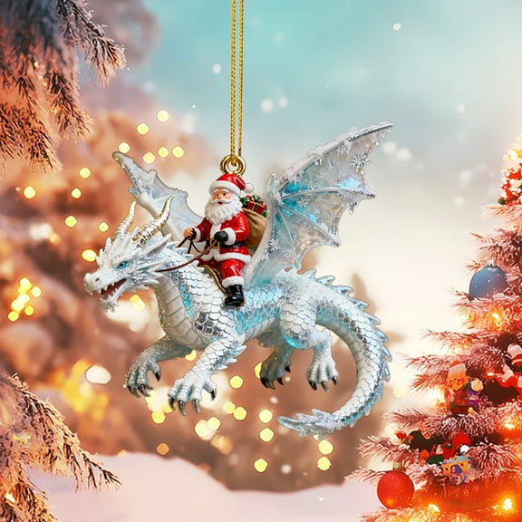 DAMAI Santa's Dragon Riders Ornament Collection, 2D Acrylic Dragons Hanging Ornaments, Santa Riding Dragon Christmas Tree Ornaments Decorative Hanging, Holiday Décor Collectible Display
