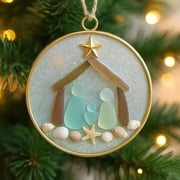 DAMAI Sea Glass Nativity Christmas Ornament,Hanging Sea Glass Nativity Christmas Tree Decoration,Coastal Inspired Sea Glass Nativity Ornament,Handmade Nativity Scene, with Shells and Starfish