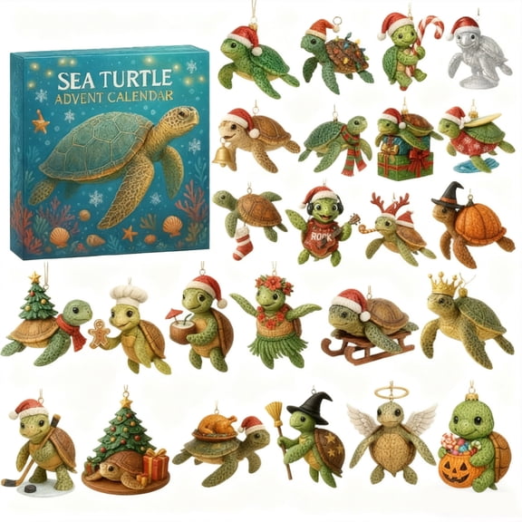 DAMAI Sea Turtle Advent Calendars 2025, 24 Days Sea Turtle Themed Christmas Countdown Calendar, Acrylic 2D Christmas Tree Hanging Decoration, Cute Seas Turtles Gift Christmas Decorations Calendar