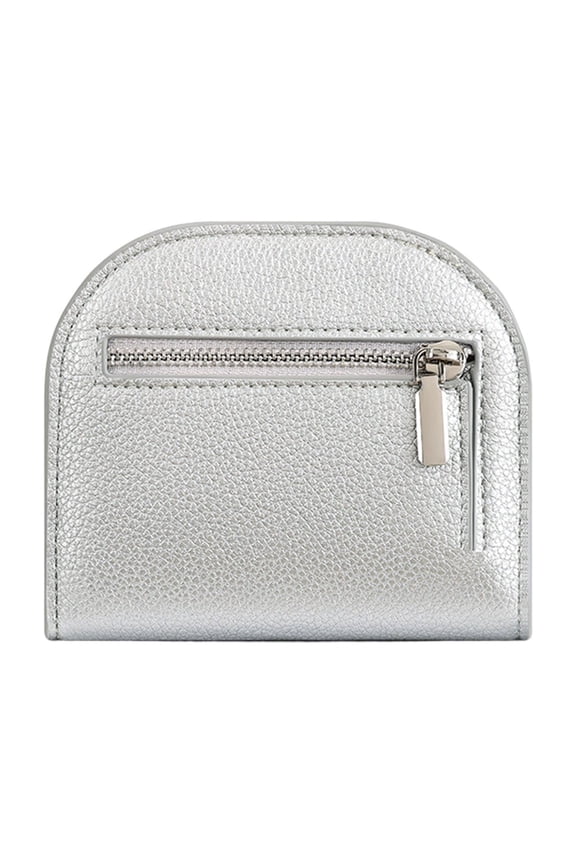 Semicircle Mini Women's Solid Color Coin Purse, Small Wallet for Women, Short Foldable with ID Window, Credit Card Slots & Zippered Coin Pocket (Silver)