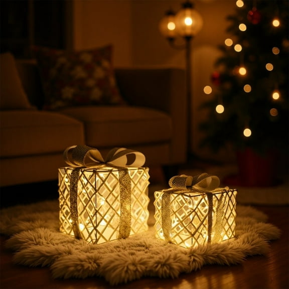 DAMAI Set of 2 Lighted Box, Pre-Lit Festive Boxes With Detachable Bows & Sparkling Crystals, Indoor Outdoor Rope-Woven Present Boxes for Yard, Home