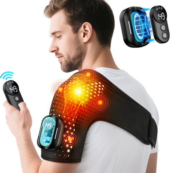 DAMAI Shoulder Heating Pad with Massager, Portable Shoulder Brace with Magnetic Detachable Remote Control, 5000amh Battery Powered Detachable Controller Heated Massage with 5 Heats &Vibrations