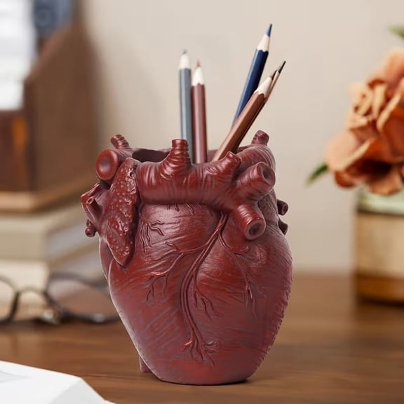 DAMAI Small Human Heart Organ Shape Pen Holder, 4.3" x 3.7" Realistic Human Heart Pen Holder, 3D Realistic Hearts Anatomy Model, Office Desk Accessories for Makeup Brushes Pens