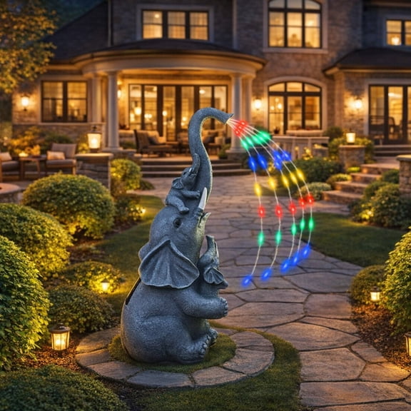 DAMAI Solar Garden Statues Elephant Decor - Resin Outdoor Elephant Figurine with LED String Lights, Unique Elephant Family Resin Figurine Ornament Birthday Gifts for Women Mom Grandma Senior Elder