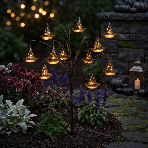 DAMAI Solar Ghost Tree Stake Lights, 11 Head Witch Hat Shaped Decor LED Garden Swaying Firefly Lights,Landscape Lights For Halloween Yard Pathway Outdoor Decor