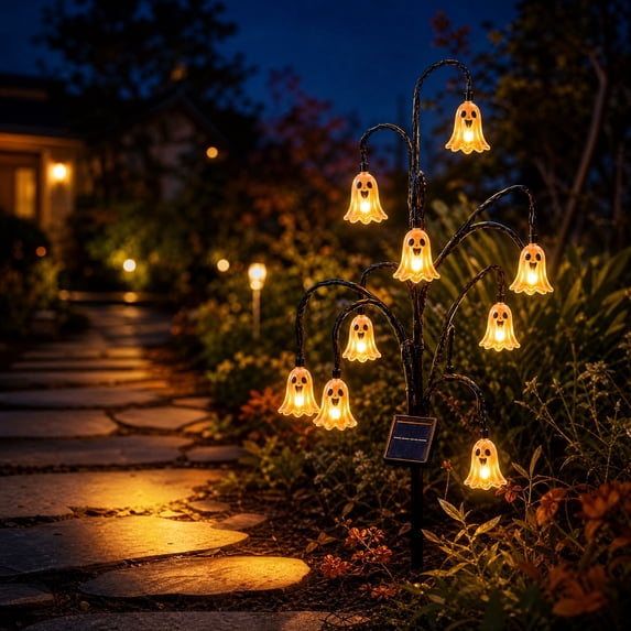 DAMAI Solar Ghost Tree Stake Lights, 9 Head Ghost Shaped Decor LED Garden Swaying Firefly Lights,Landscape Lights For Halloween Yard Pathway Outdoor Decor