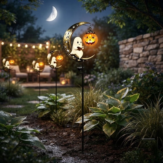 DAMAI Solar Halloween Ghost & Pumpkin Moon Garden Stake Light,Metal Crescent Frame With Reading Ghost Figurine with Hanging Pumpkin Lantern, Decoration for Lawn Patio Yard Garden Outdoor