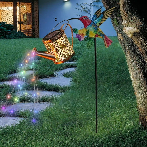 DAMAI Solar Hummingbird Shaped Watering Can with Cascading Lights Outdoor Garden Decor, Hummingbird Hook Gardening Gifts for Mom Women Grandma Birthday, Solar Lights for Garden Decorations