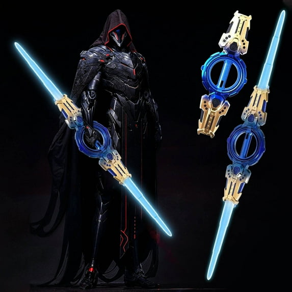 DAMAI Spark Effect Sword, Retractable 7 Light Color Sword, 2 in 1 Dueling Swords RGB Double-Blade with Sound Effects & Fingertip Rotation for Rave, Display