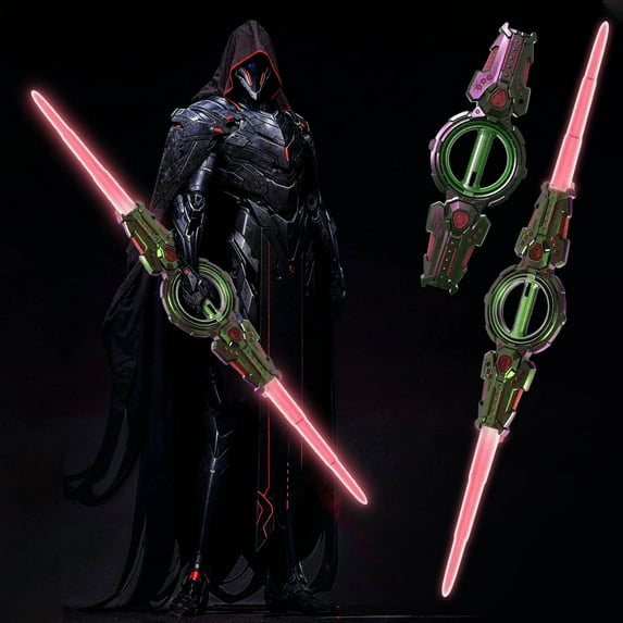 DAMAI Spark Effect Sword, Retractable 7 Light Color Sword, 2 in 1 Dueling Swords RGB Double-Blade with Sound Effects & Fingertip Rotation for Rave, Display