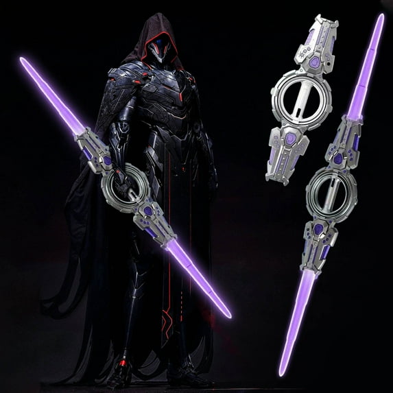 DAMAI Spark Effect Sword, Retractable 7 Light Color Sword, 2 in 1 Dueling Swords RGB Double-Blade with Sound Effects & Fingertip Rotation for Rave, Display