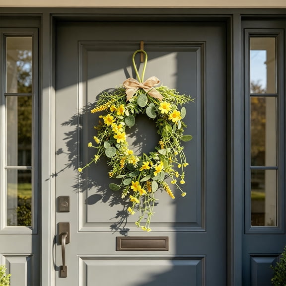 DAMAI Spring Teardrop Wreath, Artificial Floral Hanging Garland with Yellow Daisies Eucalyptus & Jute Bow, Summer Front Door Wedding Home Wall Party Decor for Spring Floral Swag Decoration