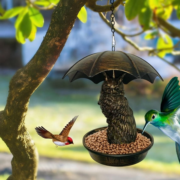DAMAI Squirrel Proof Bird Feeder for Outdoors – Metal Hanging Wild Bird Feeder with Cute Owl & Umbrella Design for Home Outdoor Decoration and Bird Enthusiasts