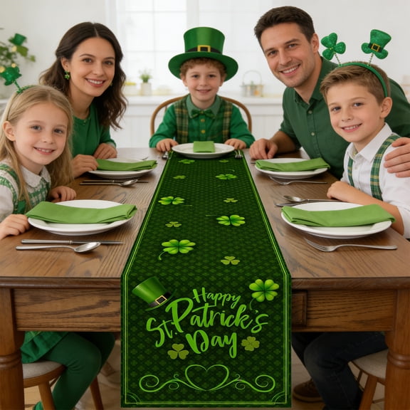 DAMAI St. Patrick's Day Linen Table Runner,Green Leprechaun Hat with Shamrock Dresser Scarf Kitchen Dinning Tabletop Covers Decor for Indoor Outdoor Party Holiday Wedding Lucky Clovers,13x70in