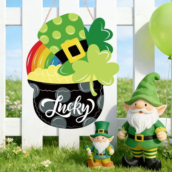 DAMAI St. Patrick's Day Shamrock Wooden Gold Pot Coins Leprechaun Hats Shamrock Crafts Ornament Lucky Irish Welcome Decor with Rope, Handmade Wood Wreath for Front Door Wall Home Decorations