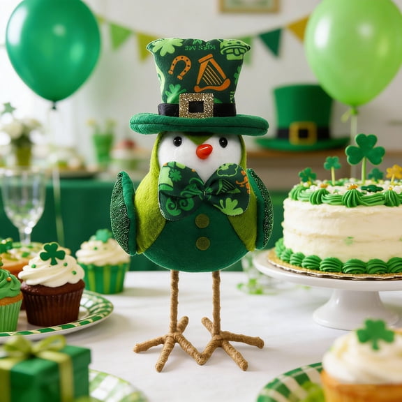 DAMAI St Patricks Day Bird Decor, Handmade Irish Bird Plush with Lucky Clover Hat for Home Table Centerpiece, Green Bird Ornament Party Supplies (B, 1 Pcs)