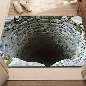 DAMAI Stone Well Texture 3D Optical Illusion Rug, Non-Slip Floor Mat for Indoor & Outdoor Use, Blue Cave & Stone Visual Illusion Doormat for Bedroom, Living Room, Porch, Terrace and Entrance Decor