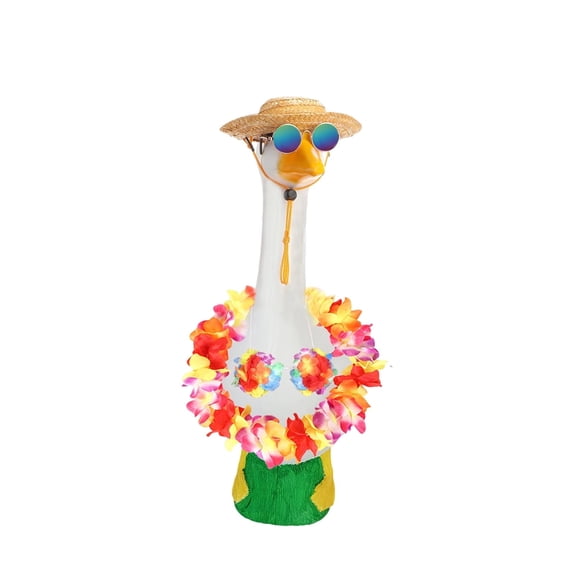 DAMAI Summer Porch Goose Outfits with sunglasses for Plastic Goose 23/17'' Lawn Patio Statue Clothes,Straw Hat and Hawaiian Lei Costume,for summer beach parties(Tropical Red)