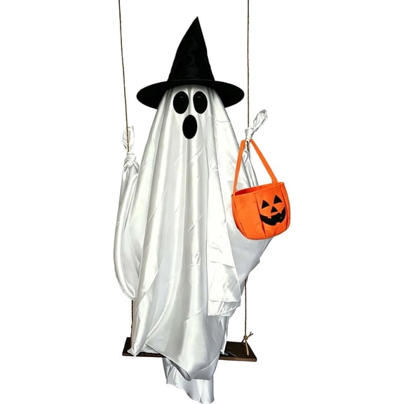 DAMAI Swing Ghost Hanging Decor,5FT Tulle Spooky Ghost Figure With Witch Hat & Pumpkin Pattern Storage Bag Wooden Swing Stand,Ornament for Tree Porch Yard Garden Lawn Halloween Party Display