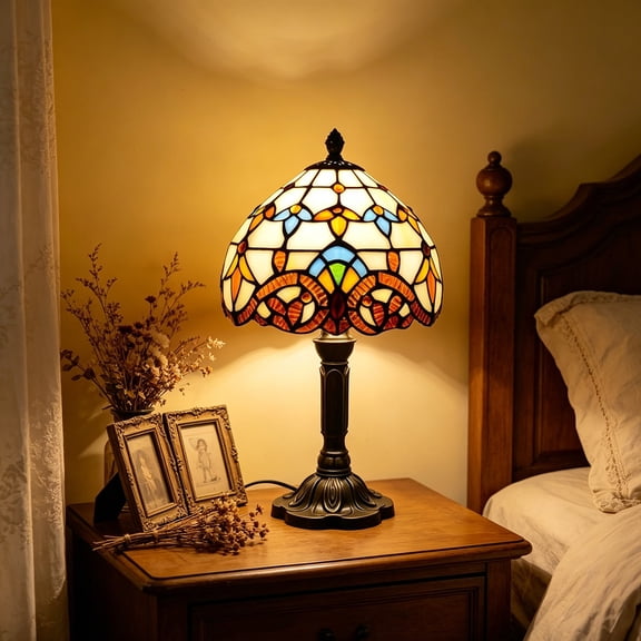 DAMAI Tiffany Style Table Lamp, Handmade Stained Glass Desk Light with Ring LED & Mediterranean Creativity Design, Bedside Night Lamp for Home Office Bedroom Living Room Retro Decor