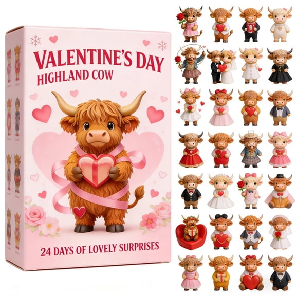 DAMAI Valentine's Day Highland Cow Advent Calendar with Daily Surprises - Adorable Countdown Calendar, Romantic Holiday Decor