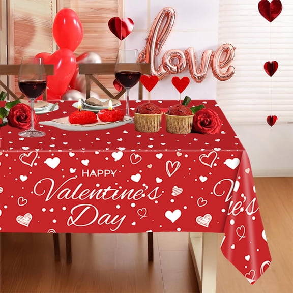 DAMAI Valentine's Day Tablecloth Set, 54x108 Inch Disposable Plastic Red Heart Table Covers, Rectangular Plastic Tablecloth for Valentine's Day Wedding Anniversary Party