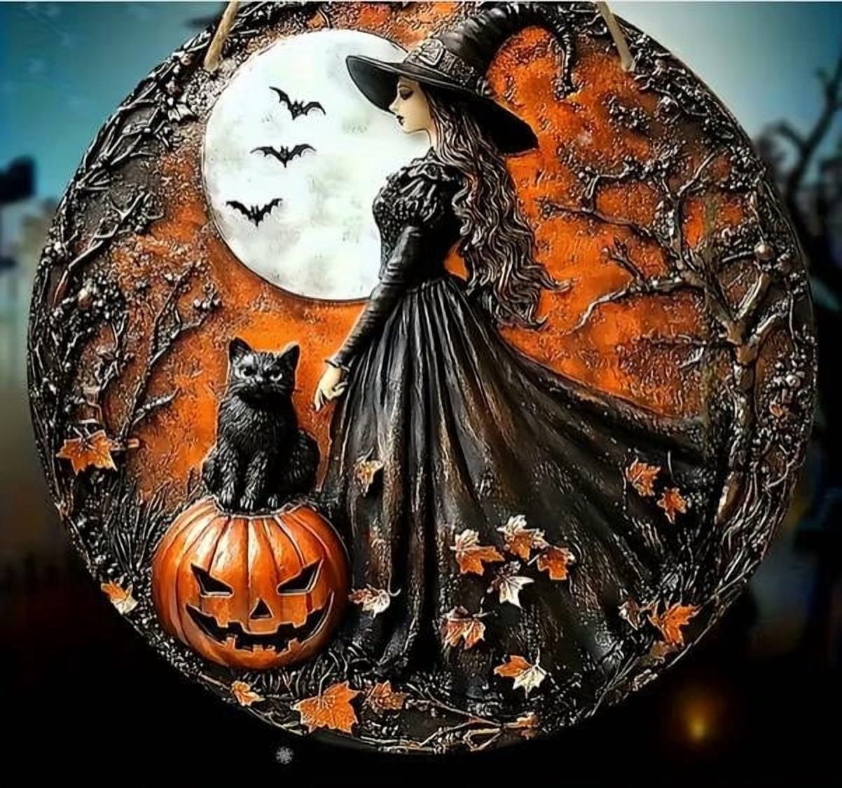 Plaque Murale Métal Halloween - Sorcière Et Chat Noir, Décoration D'automne Pour Intérieur Ou Extérieur - 7