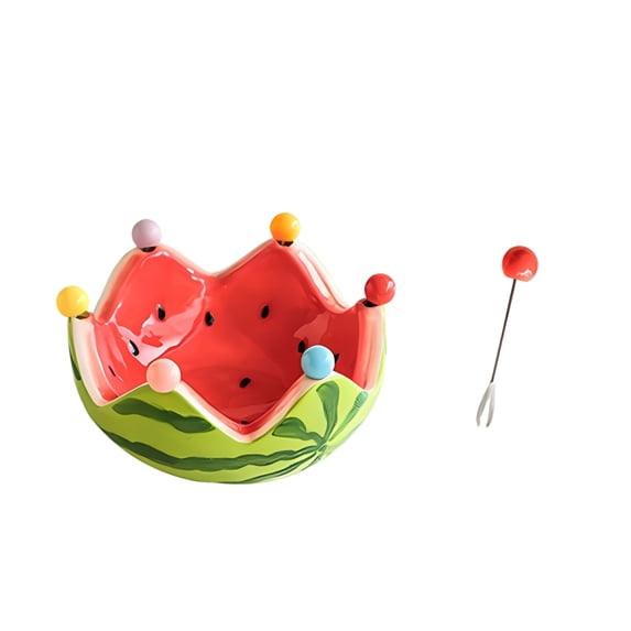 DAMAI Watermelon Fruit Bowl with 6 Stainless Steel Forks, Creative Fruit Serving Bowl, Funny Decorative Ceramic Watermelon Shaped Tray for Fruits,Snacks