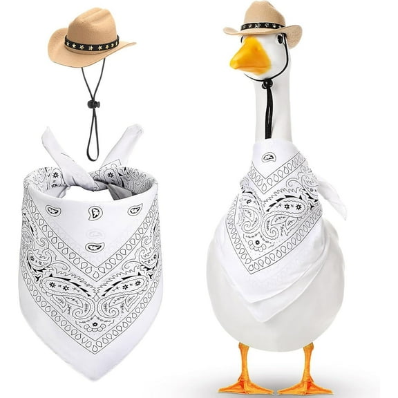 DAMAI Western Cowboy Porch Goose Outfits, Funny Porch Goose Decoration for 23" Lawn Cement Goose Statue Clothes Cowboy Hat with Bandana Scarf,for Cement Outdoor Statue Patio Yard Lawn Art (White)