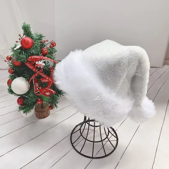 DAMAI White Christmas Santa Hat, Adults Unisex Christmas Hat with Plush Brim Thicken Velvet Xmas Hats for Women Men Holiday Party, New Year Festive Party Christmas Supplies