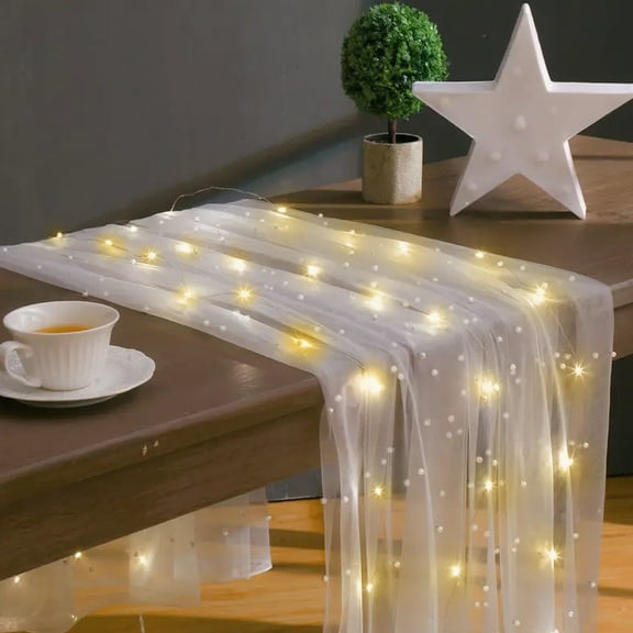 DAMAI White Pearl Table Runner Wedding Table Runner,63 x118 Inches lace Tulle Fabric Table Runner White Pearl Table Cloth,Mesh Sheer Table Cloth for Bridal Shower Birthday Party Wedding Decorations