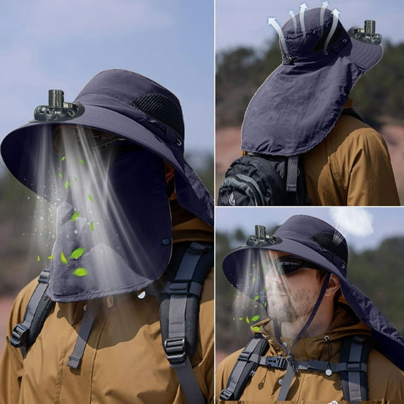 DAMAI Wide Brim UV Protection Solar Fan Hat with face mask,Sun Hat with 1 Solar Powered Fans,Outdoor Solar Fan Hats for Men Women UPF 50+
