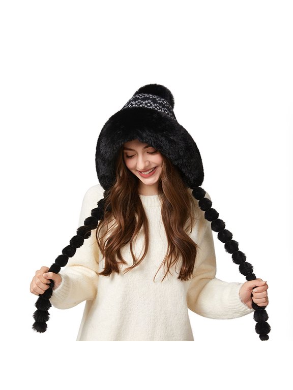 Women Winter Beanie Hat Earflap Peruvian Warm Slouchy Fleece Lined Windproof Knitted Hat with Ear Flaps Winter Hats for Women Warm Beanie