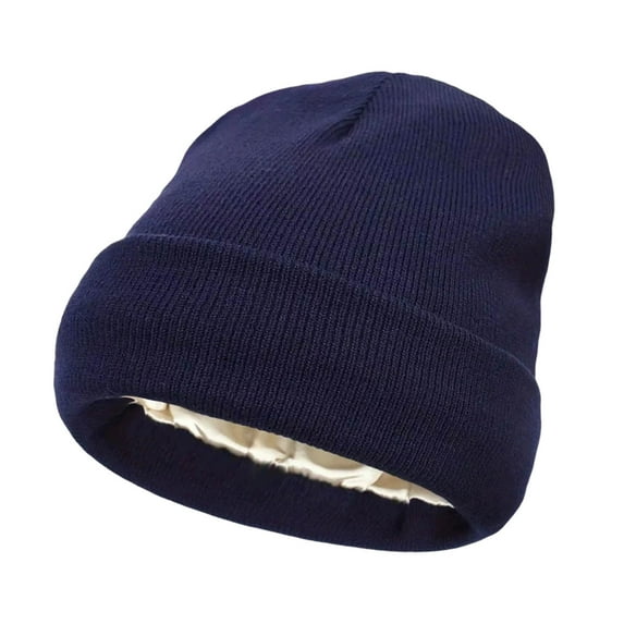 DAMAI Womens Satin Lined Knit Beanie Hat, Unisex Satin Lined Plain Blank Long Knitted Cuff Beanie Cap, Winter Hats for Women Men Silk Lining Soft Slouchy Warm Cuffed Beanie Hat(Dark Blue)